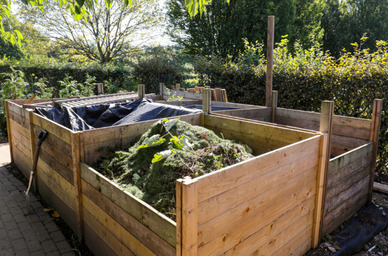 Wooden compost bins.